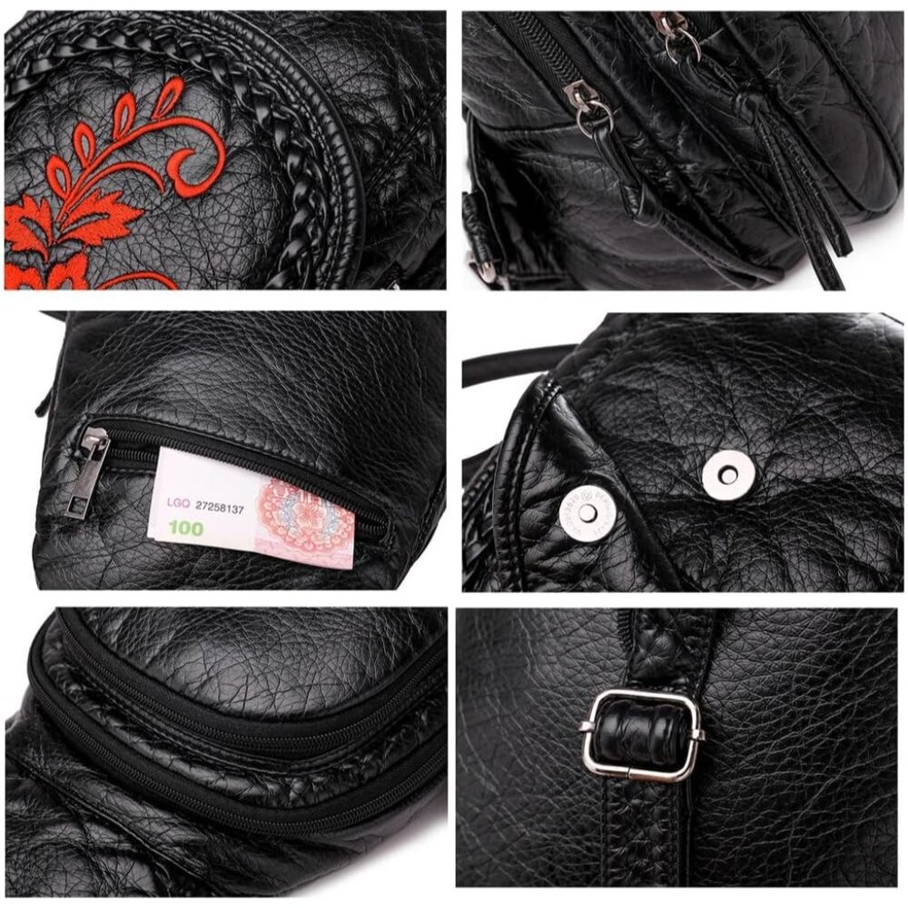 Women's Black Red Flower Soft Pu Leather Purse Chest Packs Travel Bag Backpack - Picture 5 of 6